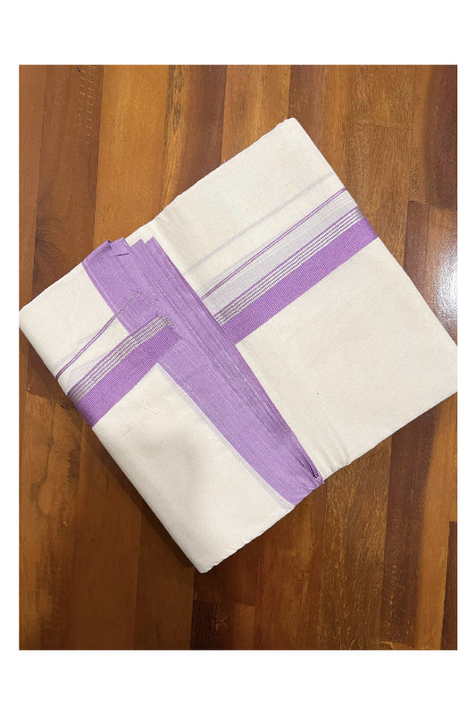 Off White Pure Cotton Double Mundu with SIlver Kasavu and Violet Kara (South Indian Dhoti)