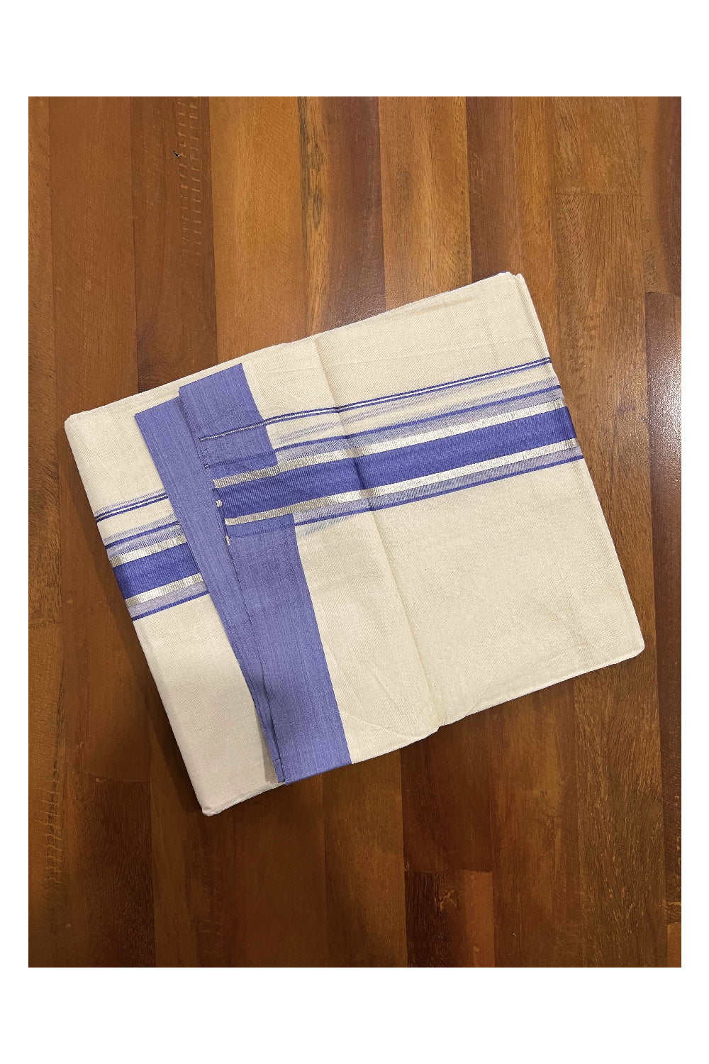 Off White Kerala Double Mundu with Silver Kasavu and Violet Border (South Indian Dhoti)