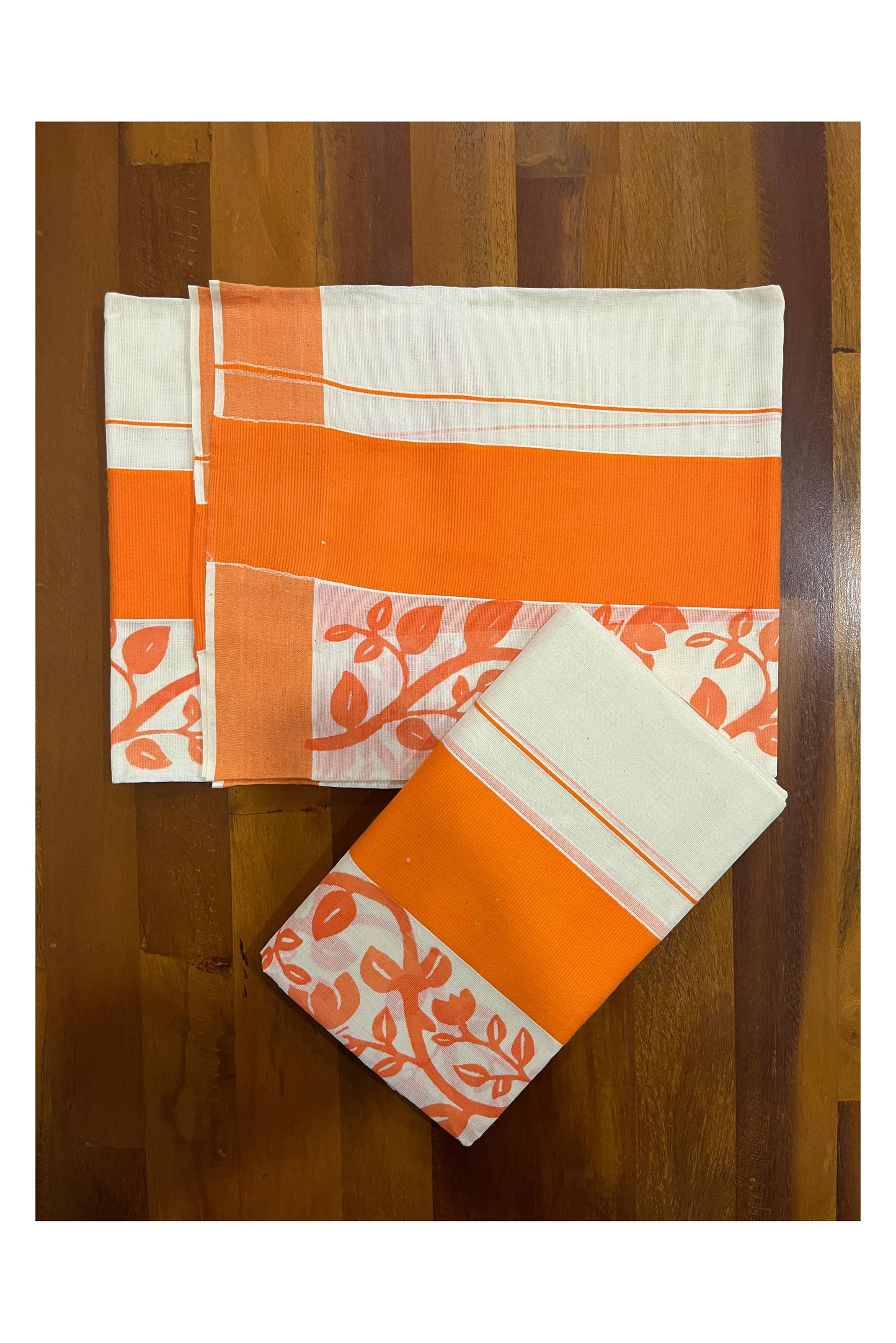 Southloom Original Design Single Set Mundu (Mundum Neriyathum Vishu 2023) with Orange Floral Vines Block Prints 2.80 Mtrs