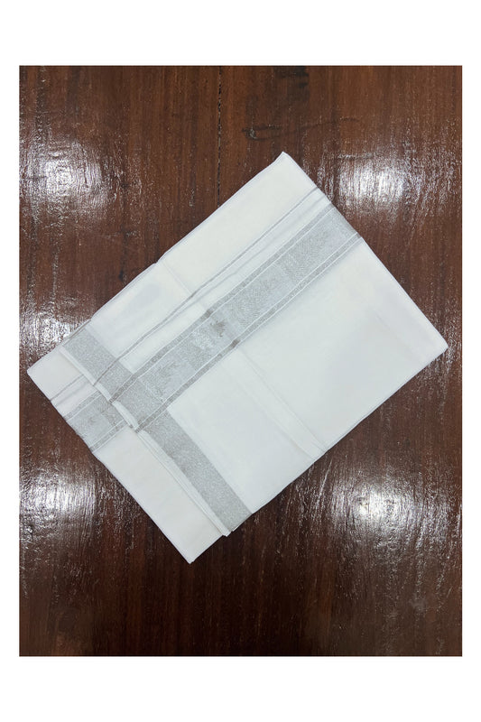 Pure White Cotton Double Mundu with Silver Kasavu Temple Woven Design Border (South Indian Dhoti)