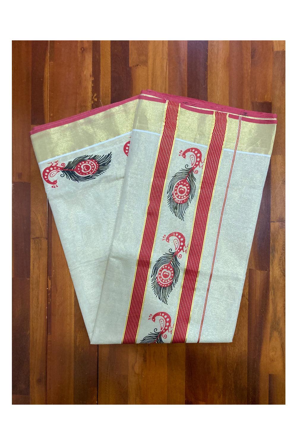 Kerala Tissue Kasavu Saree with Red and Black Peacock Block Printed Design
