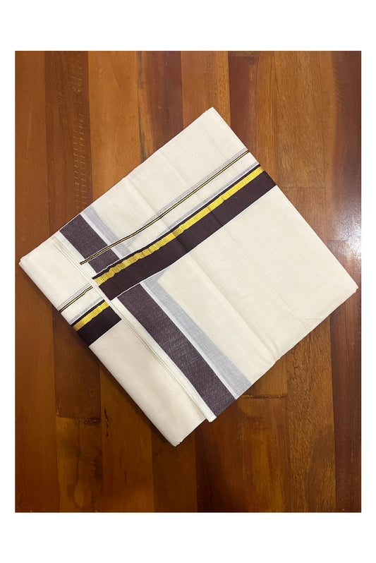 Pure Cotton Double Mundu with Brown and Kasavu Kara (South Indian Kerala Dhoti)