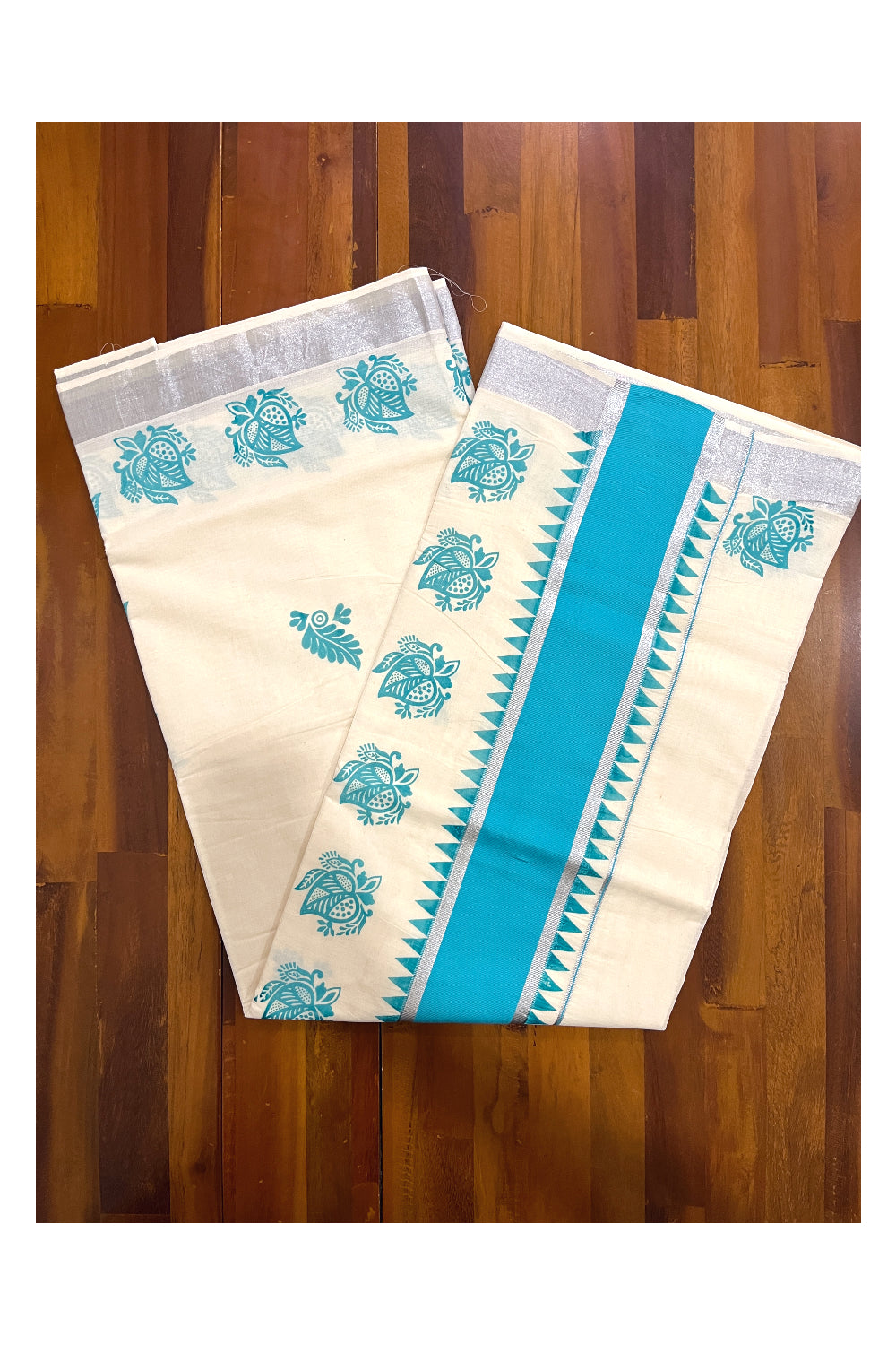 Pure Cotton Kerala Saree with Turquoise Leaf Block Prints and Silver Kasavu Temple Border (Vishu Saree 2023)