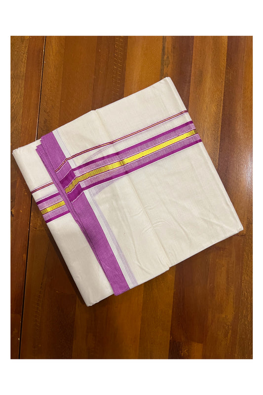 Off White Kerala Double Mundu with Kasavu and Magenta Border (South Indian Dhoti)