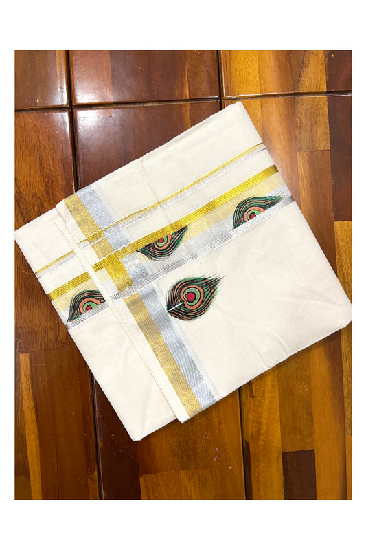 Pure Cotton Silver Golden Kasavu Mundu with Mural Hand Painted Peacock Feather Design (South Indian Dhoti)