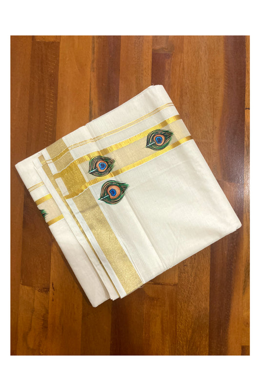 Off White Pure Cotton Double Mundu with Mural Prints on Kasavu Kara (South Indian Dhoti)