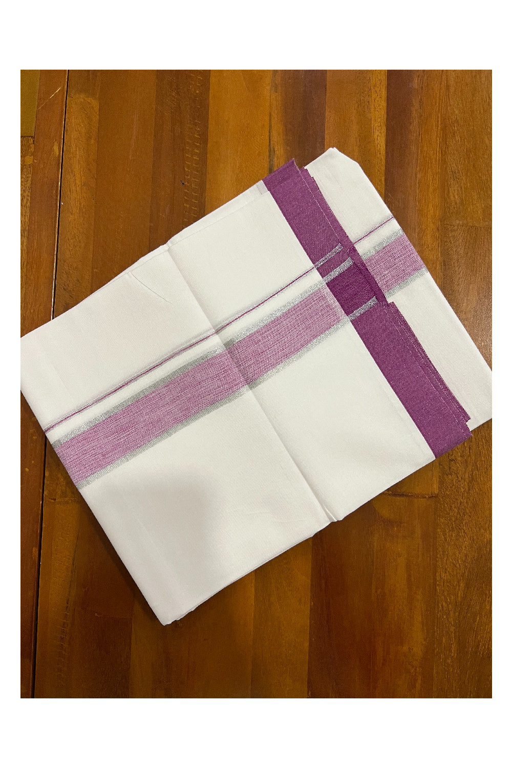 Pure White Kerala Cotton Double Mundu with Silver Kasavu and Magenta Border (South Indian Dhoti)