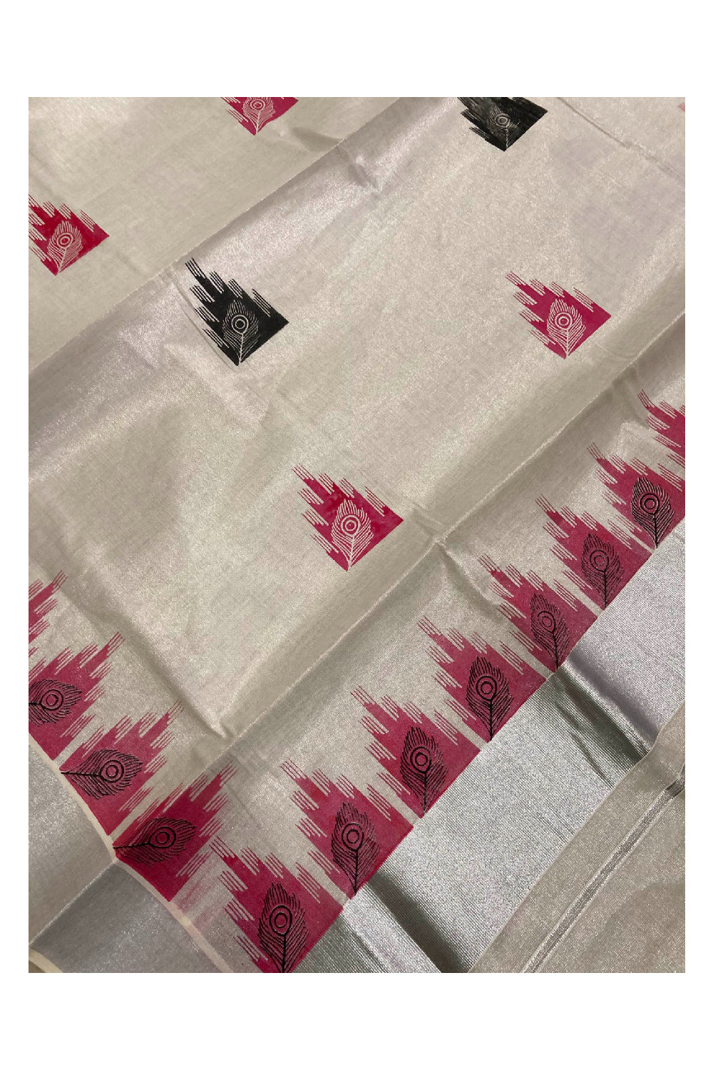 Kerala Silver Tissue Saree with Peacock Feather Mural along with Brick Red Temple Print