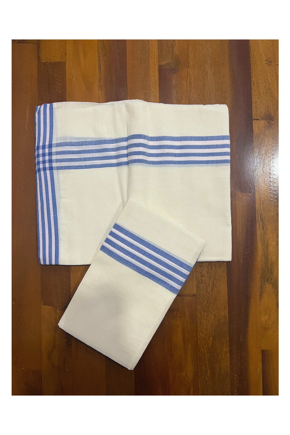 Kerala Cotton Mundum Neriyathum Single (Set Mundu) with Blue and White Mulloth Border (Extra Soft Cotton)