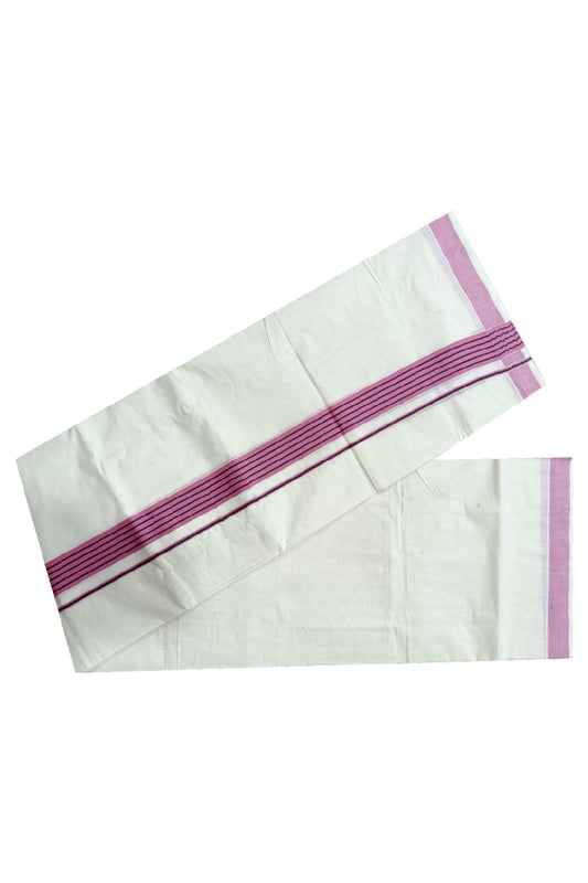 Off White Kerala Double Mundu with Black Lines on Pink Border (South Indian Dhoti)