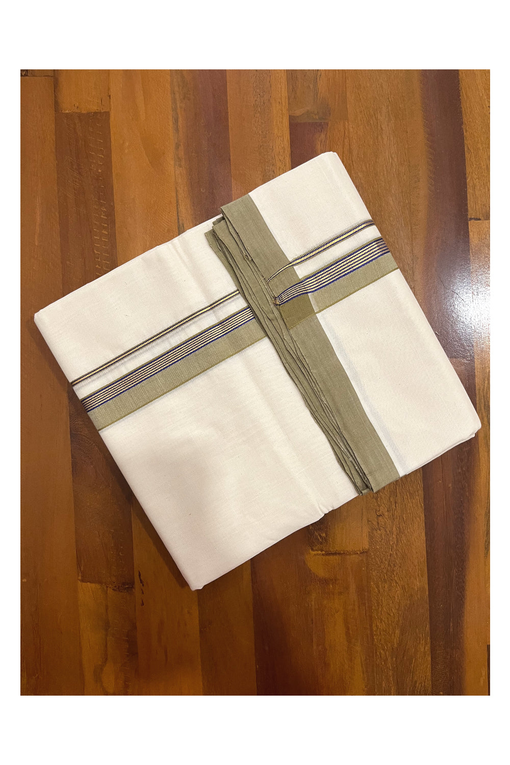 Southloom Premium Handloom Double Mundu with Olive Green and Kasavu Border