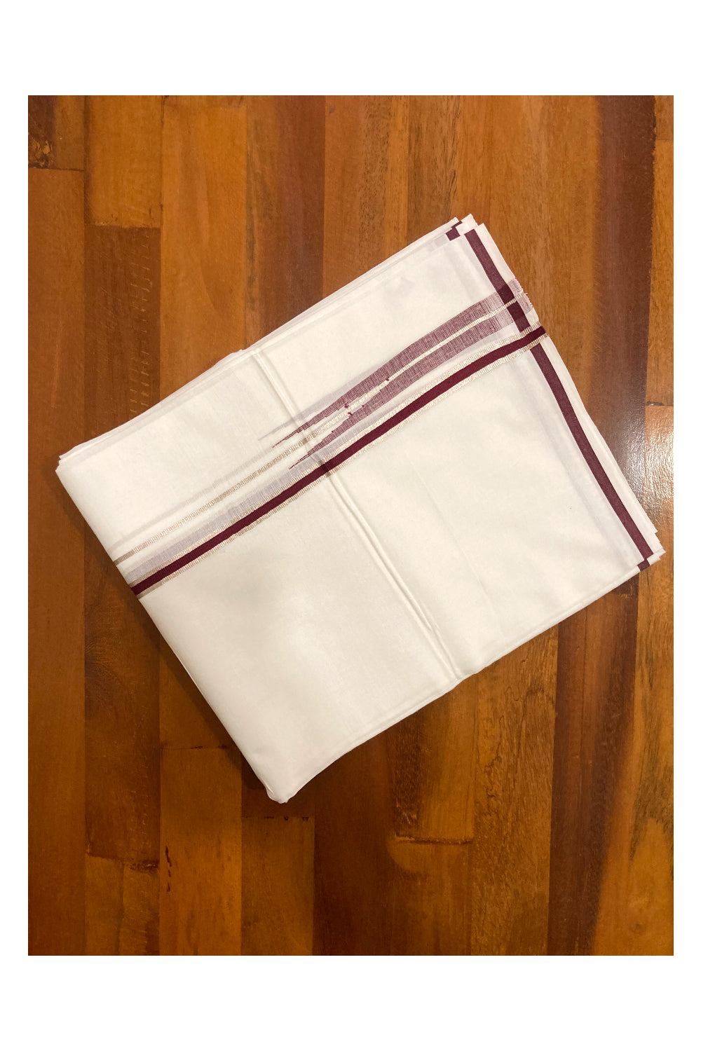 Pure White Kerala Cotton Double Mundu with Silver Kasavu and Dark Maroon Border (South Indian Dhoti)