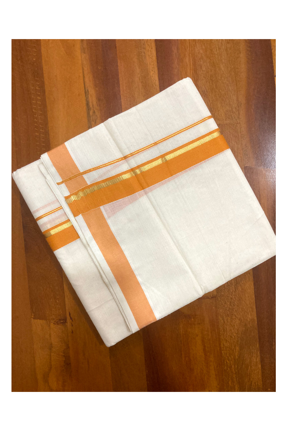 Pure Cotton Double Mundu with Orange and Kasavu Border (South Indian Dhoti)