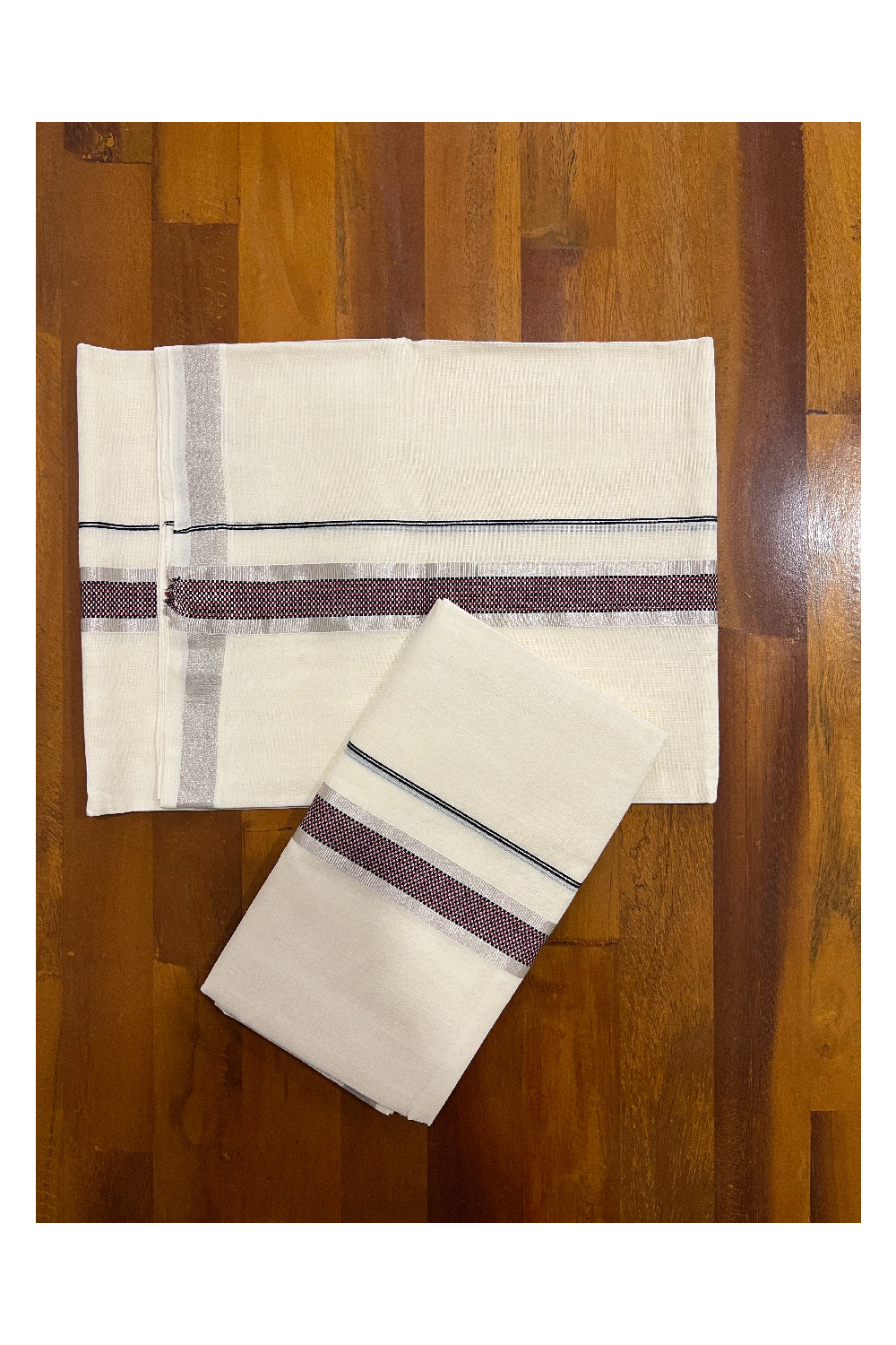 Southloom Premium Handloom Set Mundu with Silver Kasavu and Brown Maroon Woven Design Border