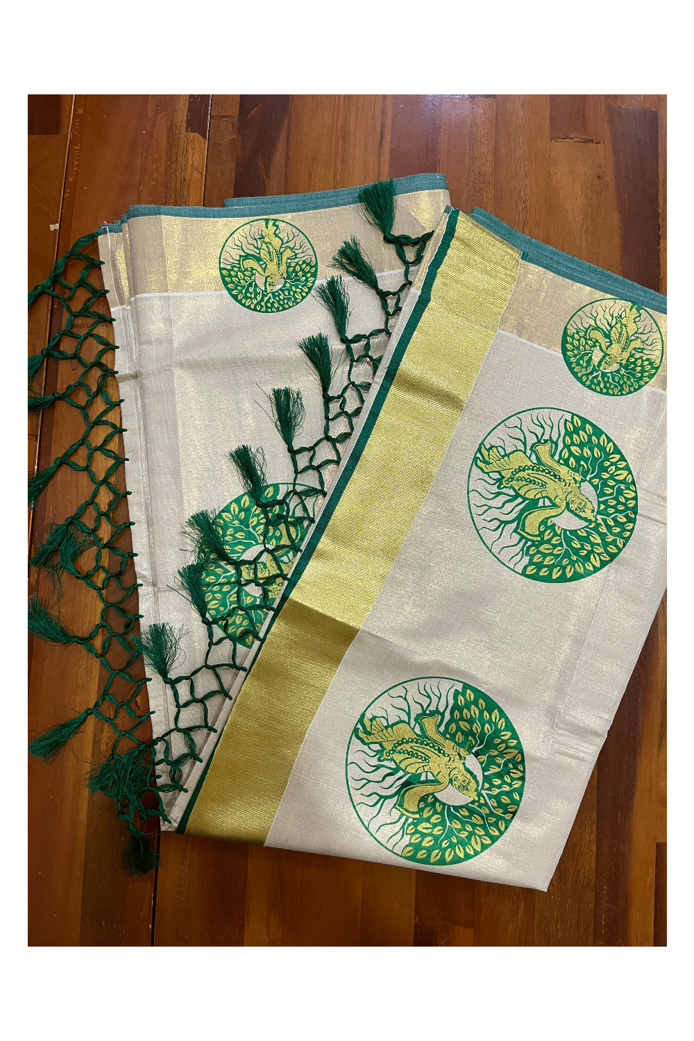 Kerala Tissue Kasavu Green Golden Krishna Block Printed Design Saree