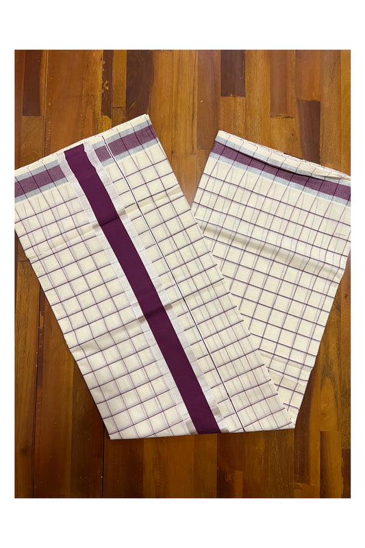 Pure Cotton Kerala Purple Check Design Saree with Silver Kasavu and Purple Border