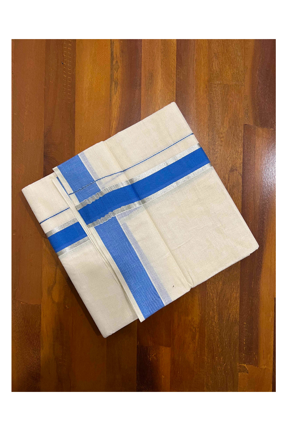 Off White Kerala Double Mundu with Silver Kasavu and Blue Border (South Indian Dhoti)