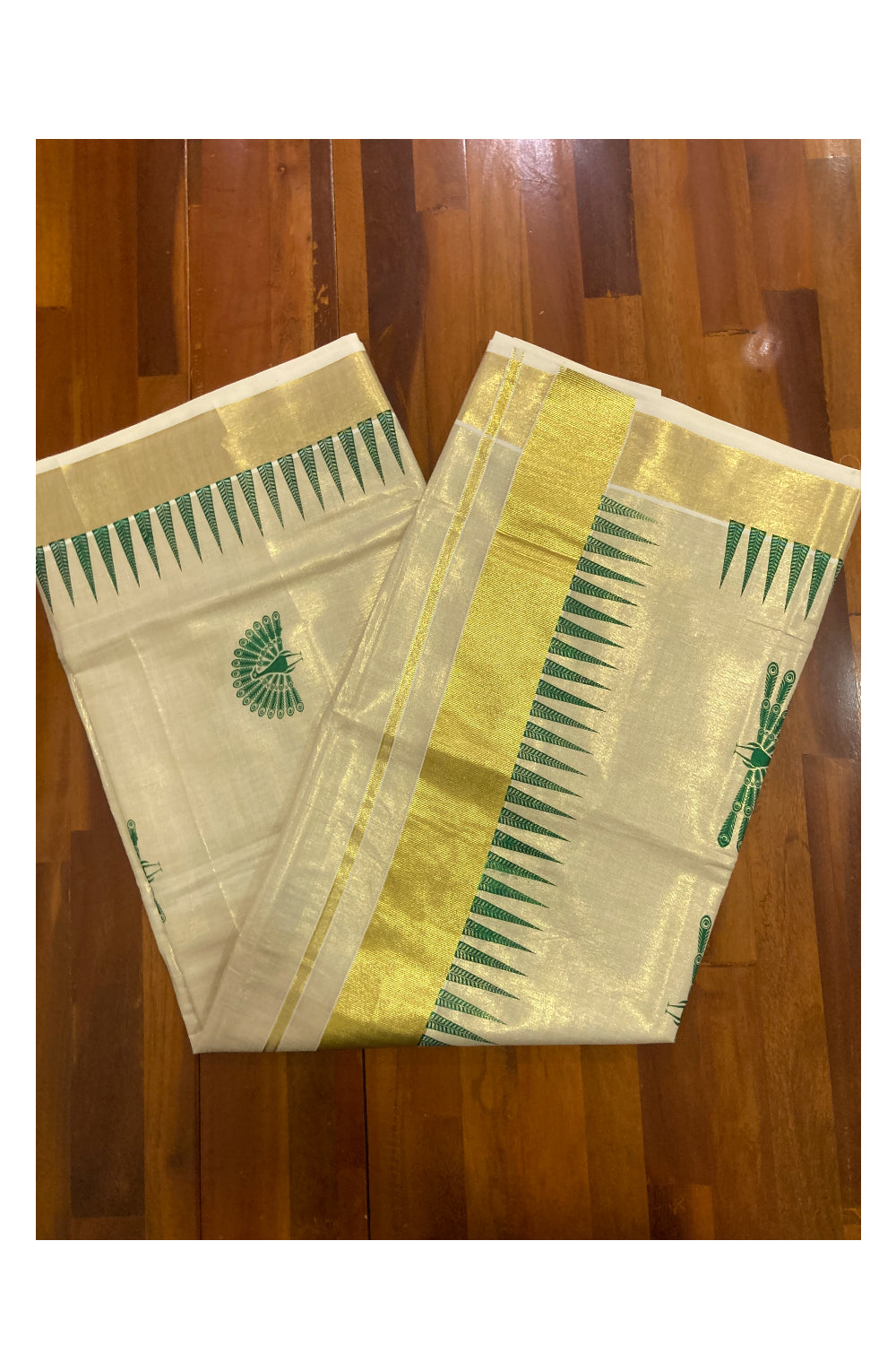 Kerala Tissue Kasavu Saree with Green Block Prints