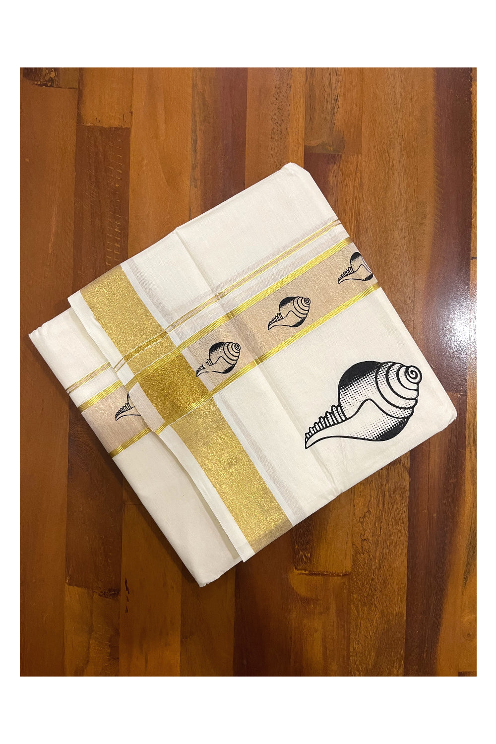 Pure Cotton Off White Double Mundu with Black Block Prints on Kasavu Kara (South Indian Dhoti)