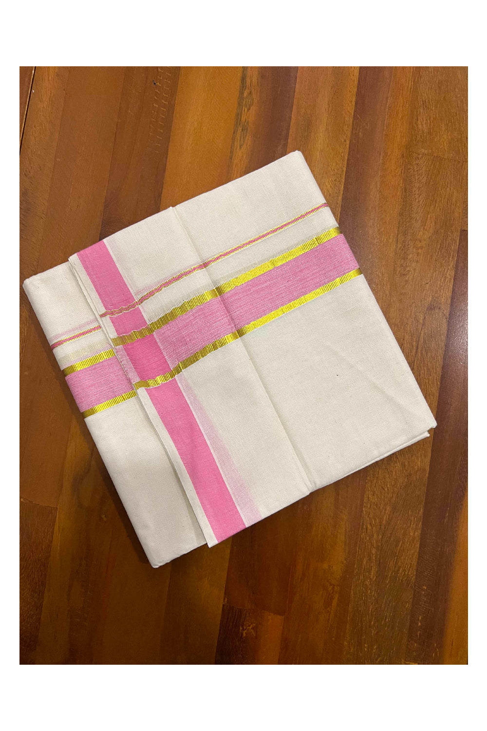 Off White Kerala Double Mundu with Kasavu and Pink Border (South Indian Dhoti)