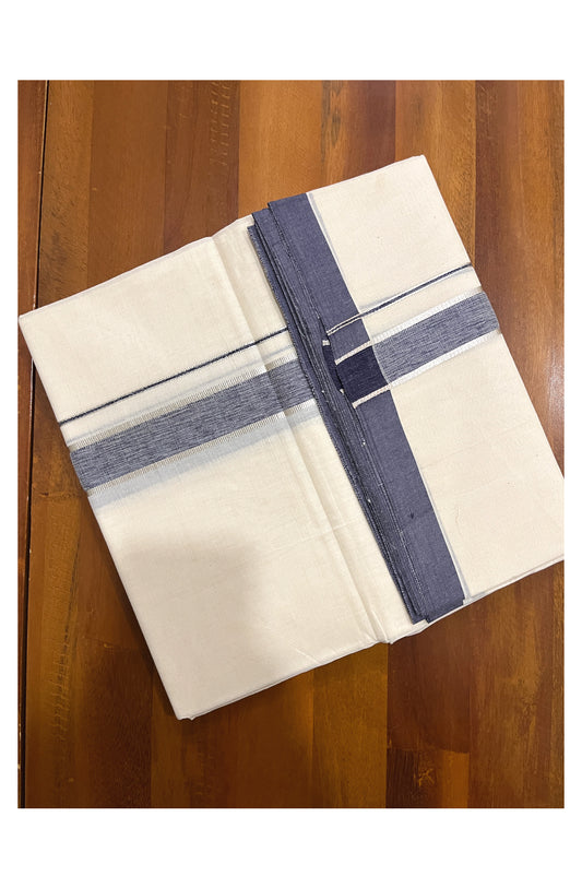 Pure Cotton Off White 100x100 Double Mundu with Silver Kasavu and Blue Border (South Indian Dhoti)