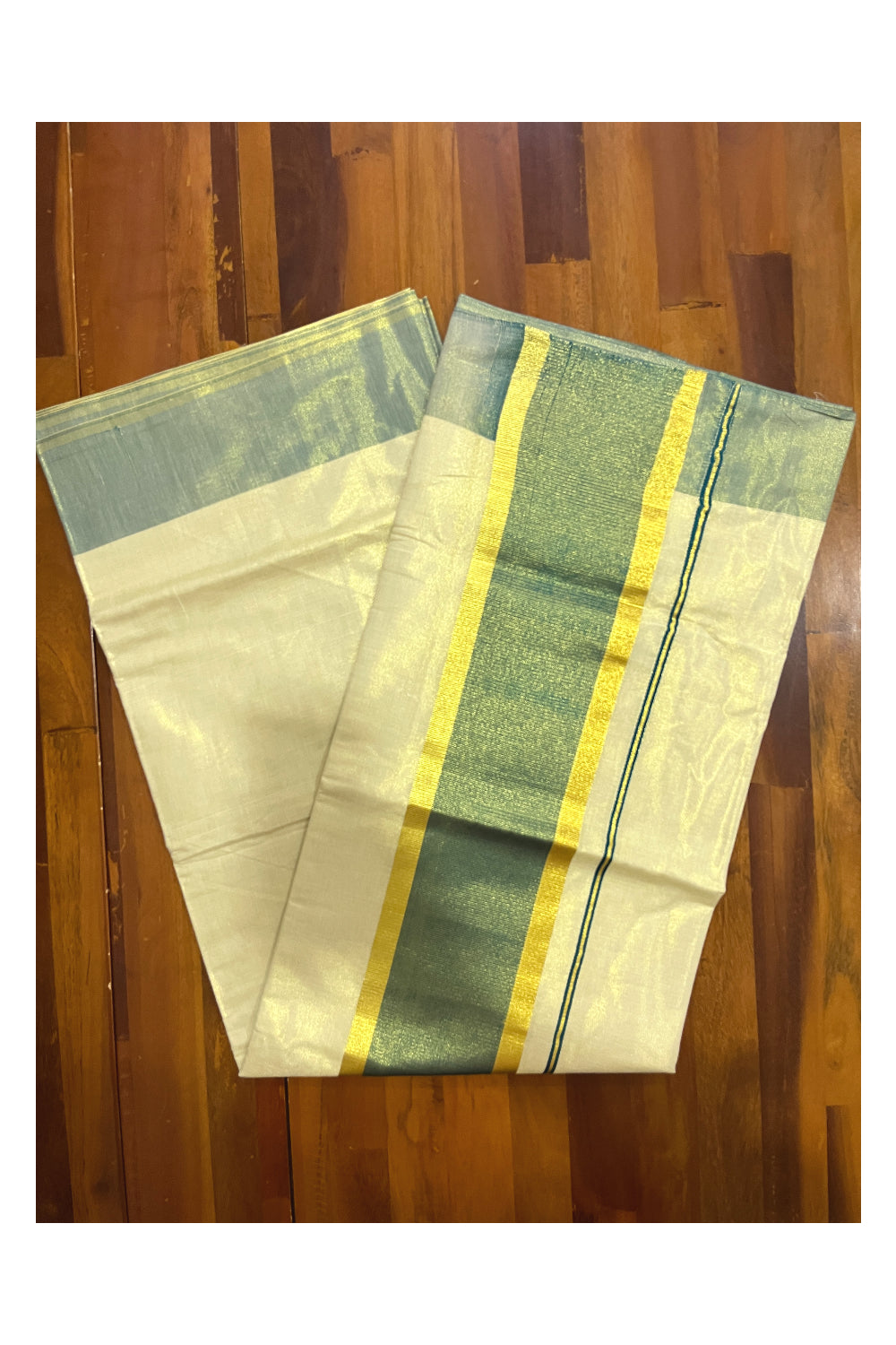 Kerala Tissue Kasavu Plain Saree with Green and Kasavu Border