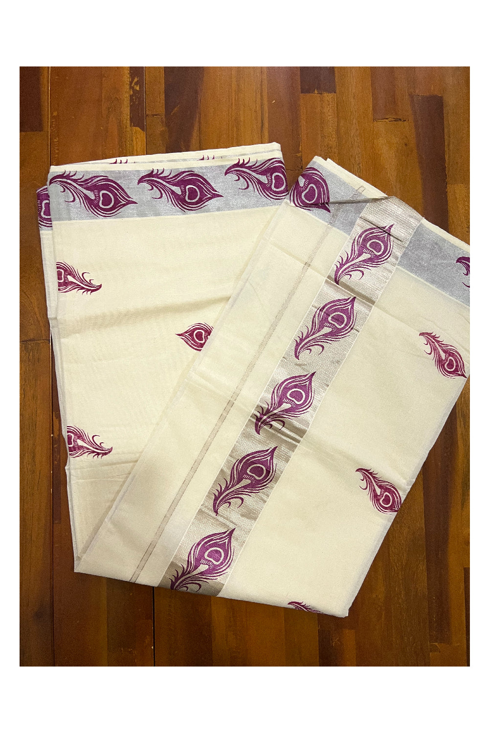 Pure Cotton Kerala Saree with Dark Magenta Feather Block Prints on Silver Border and Pallu