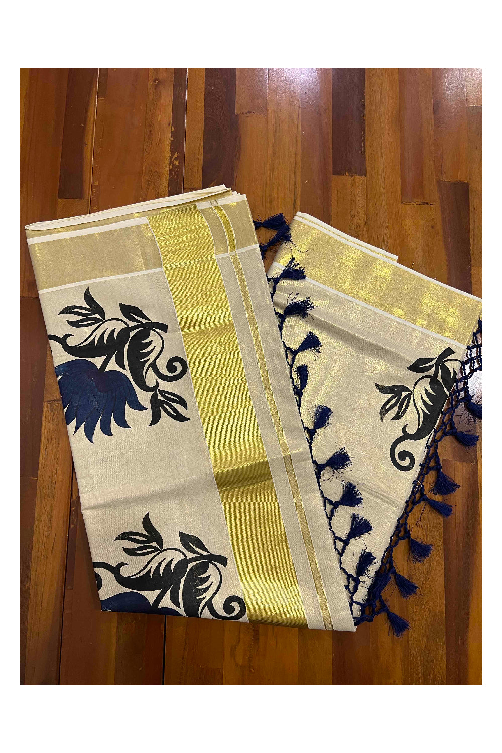 Kerala Tissue Kasavu Saree with Dark Blue Floral Mural Prints on Border