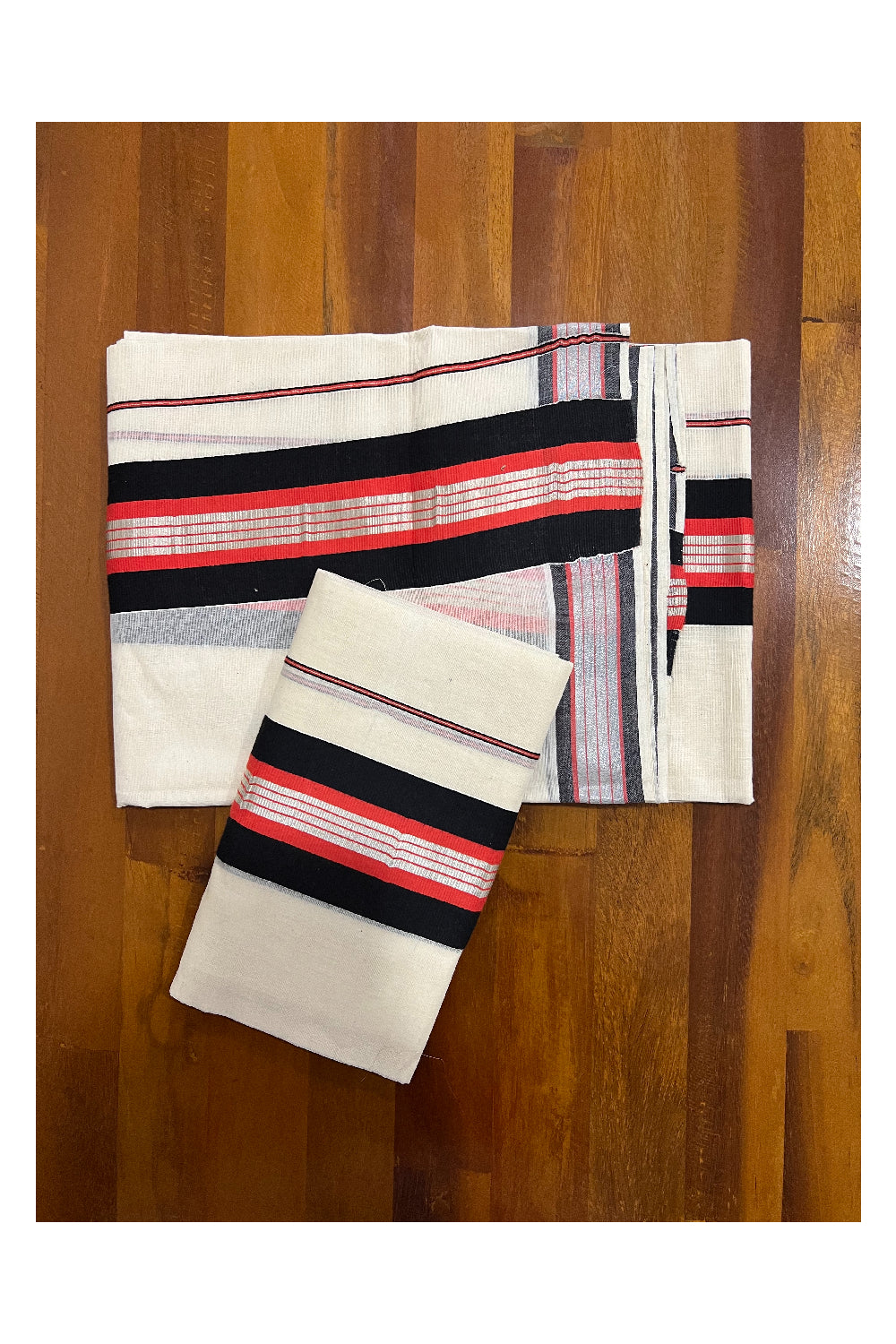 Pure Cotton Mundum Neriyathum Single (Set Mundu) with Silver Kasavu Black and Red Border 2.80 Mtrs