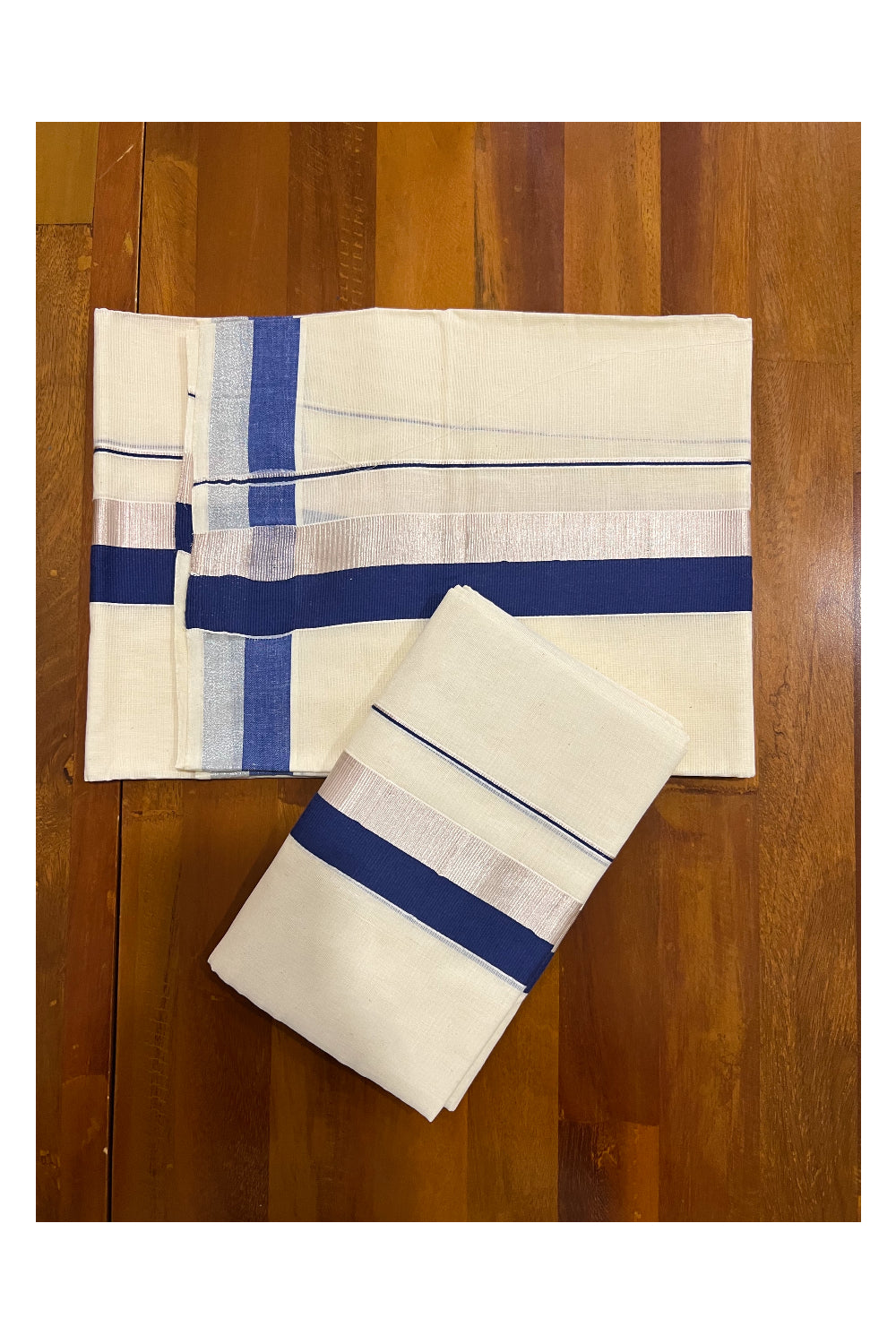 Pure Cotton Kerala Single Set Mundu (Mundum Neriyathum) with Blue and Silver Kasavu Border 2.80 Mtrs