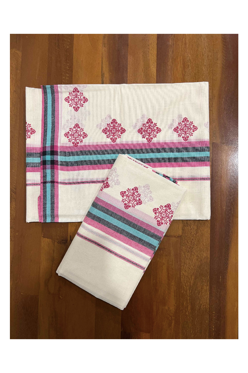 Kerala Cotton Mulloth Mundum Neriyathum Single (Set Mundu) with Pink Floral Block Print Border (Extra Soft Cotton)