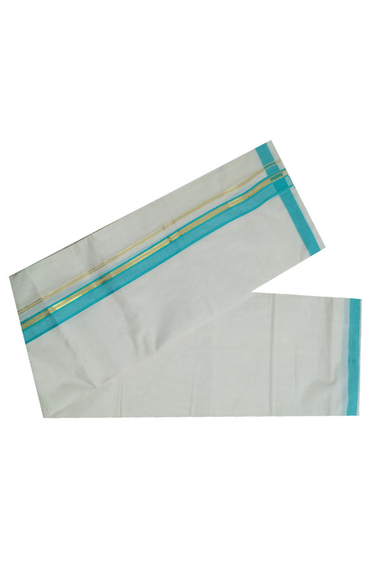 Off White Pure Cotton Mundu with Kasavu and Turquoise Border (South Indian Dhoti)