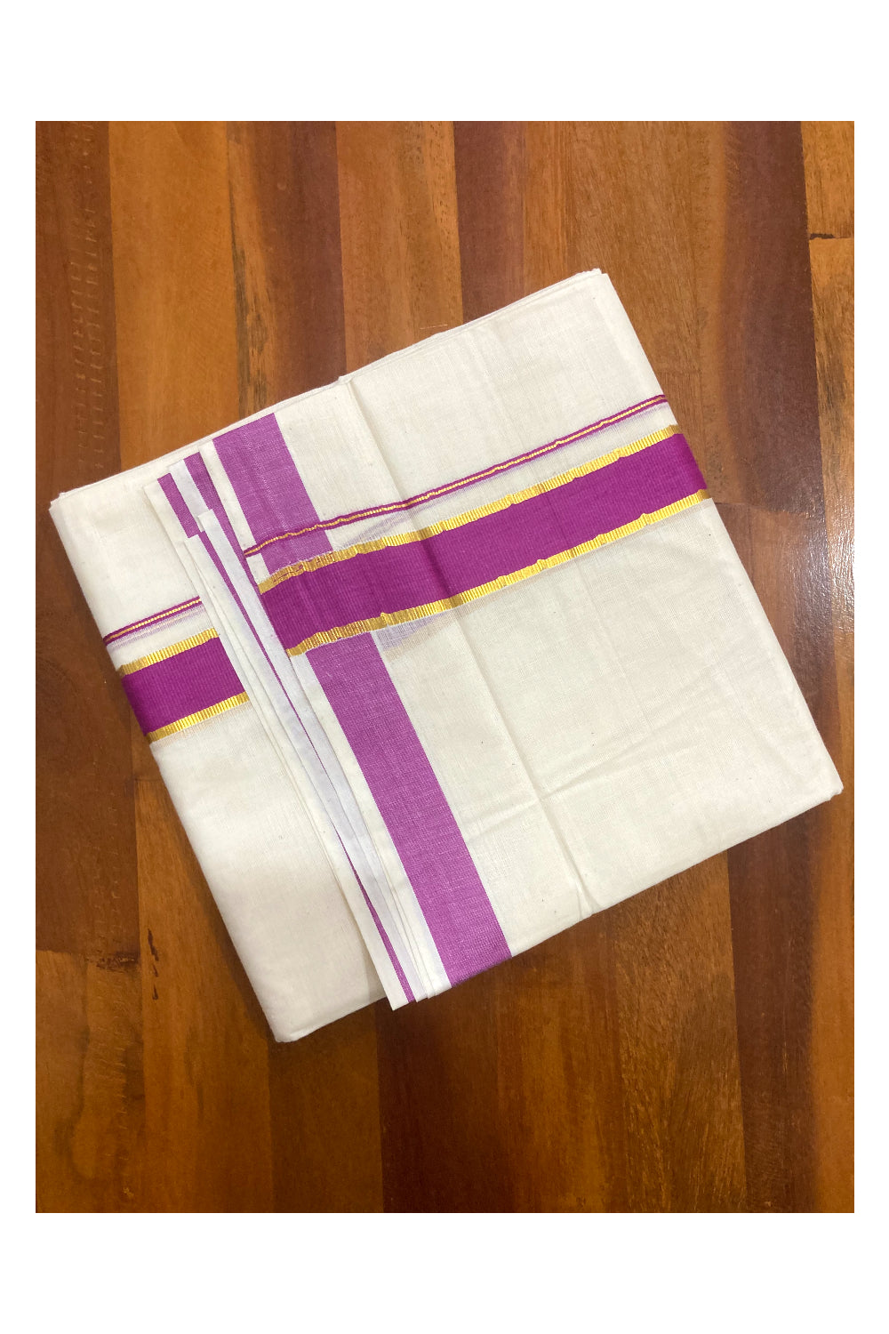 Off White Pure Cotton Double Mundu with Kasavu and Magenta Border (South Indian Kerala Dhoti)