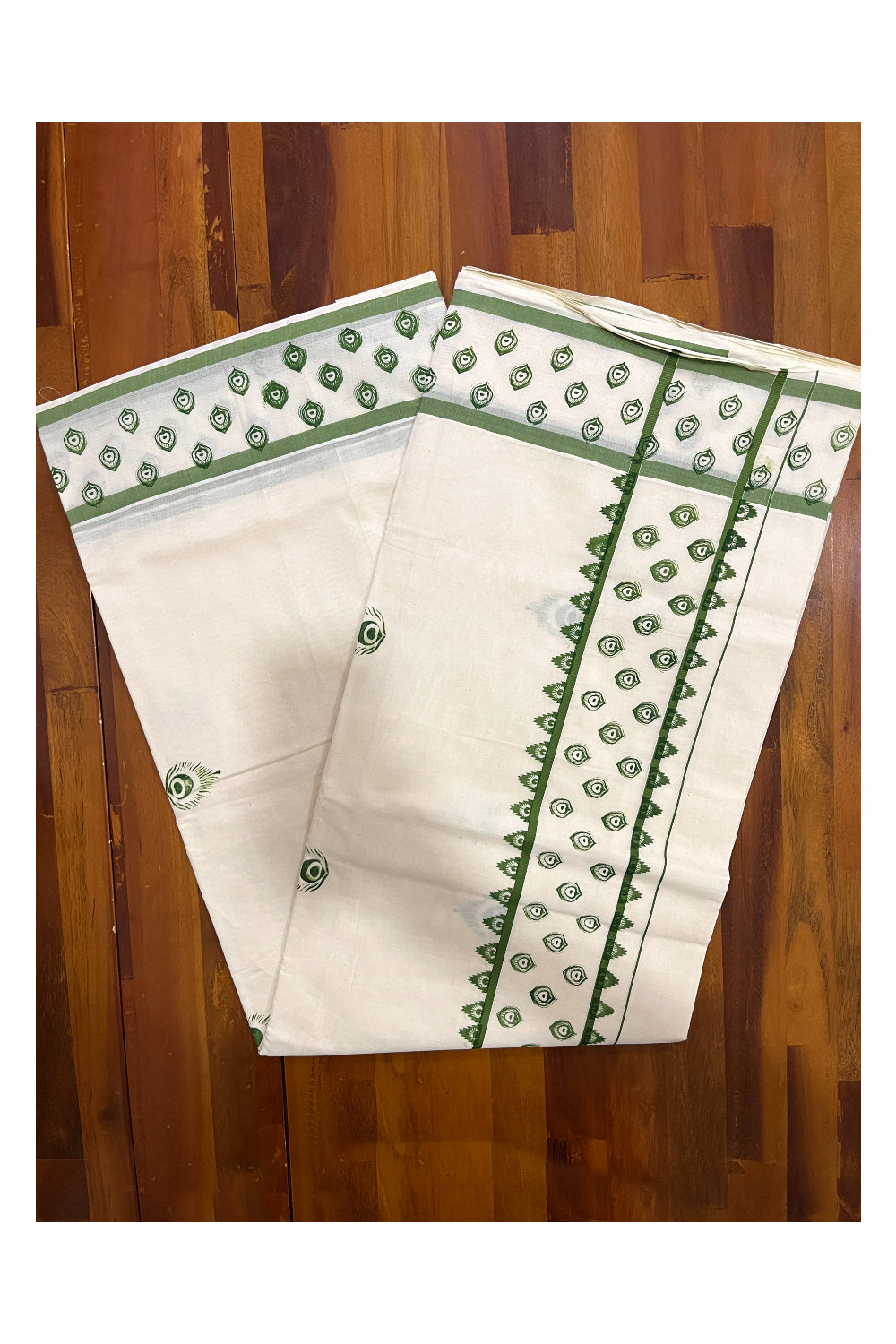 Pure Cotton Off White Kerala Saree with Green Block Print Border (Vishu Saree 2023)