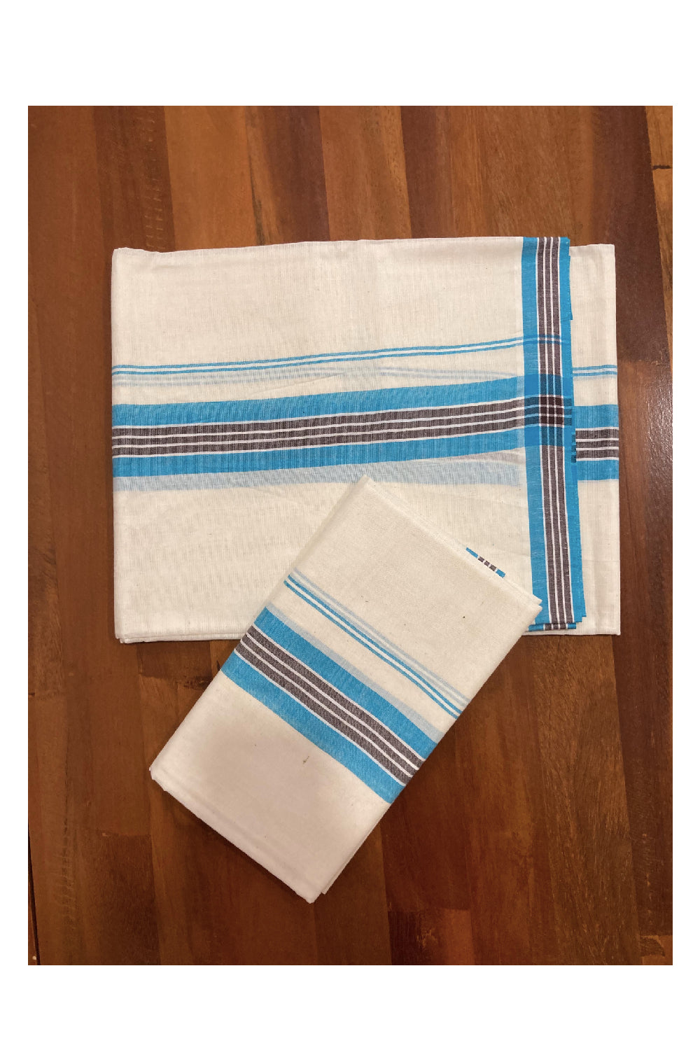 Kerala Cotton Mundum Neriyathum Single (Set Mundu) with Mulloth Design Blue and Brown Border (Extra Soft Cotton)