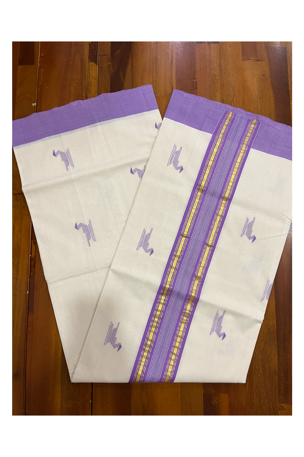 Southloom Balaramapuram Unakkupaavu Handloom Saree with Kasavu Violet Pallu and Butta Works on Body