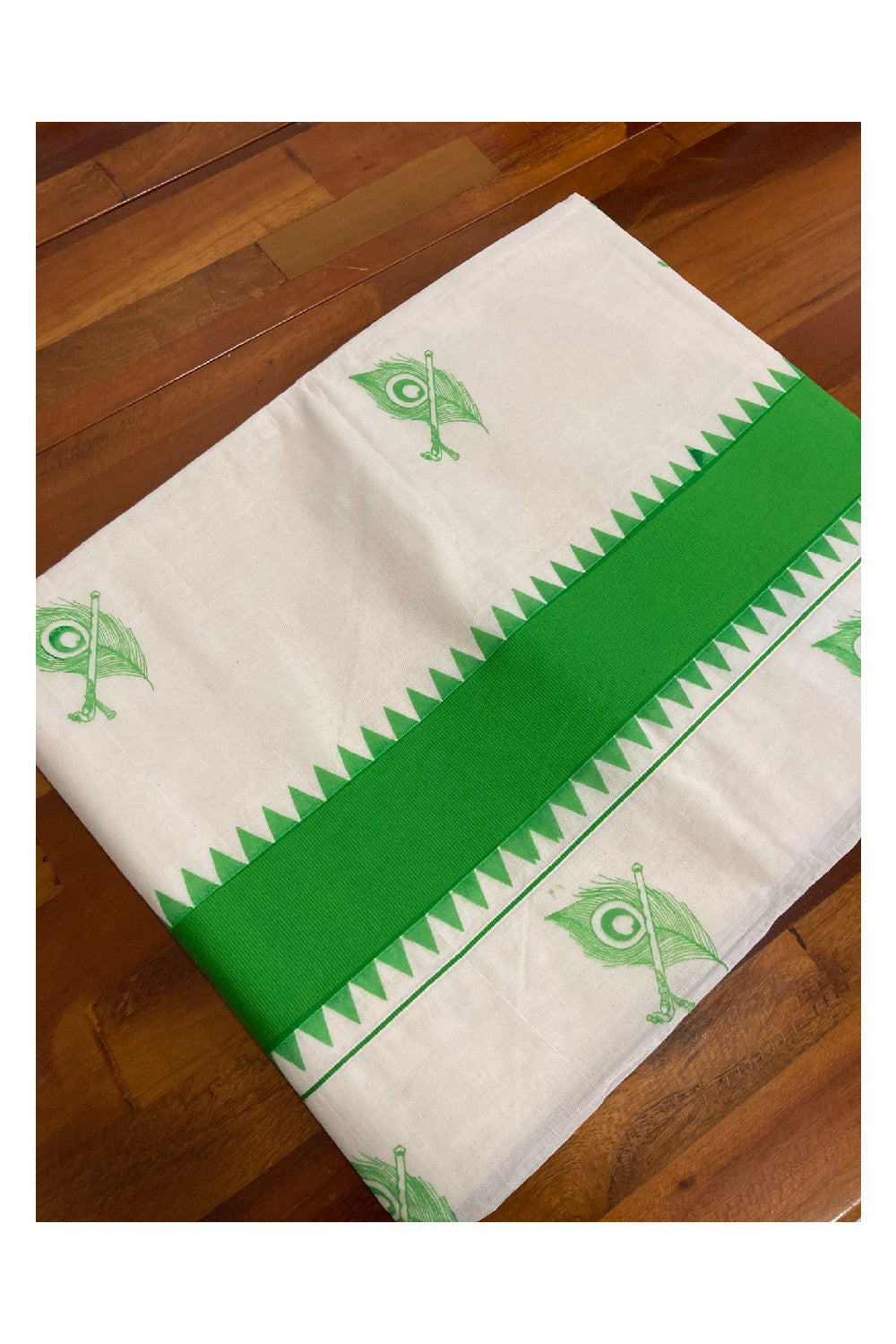 Pure Cotton Kerala Saree with Light Green Peacock Feather Block Print Temple Border