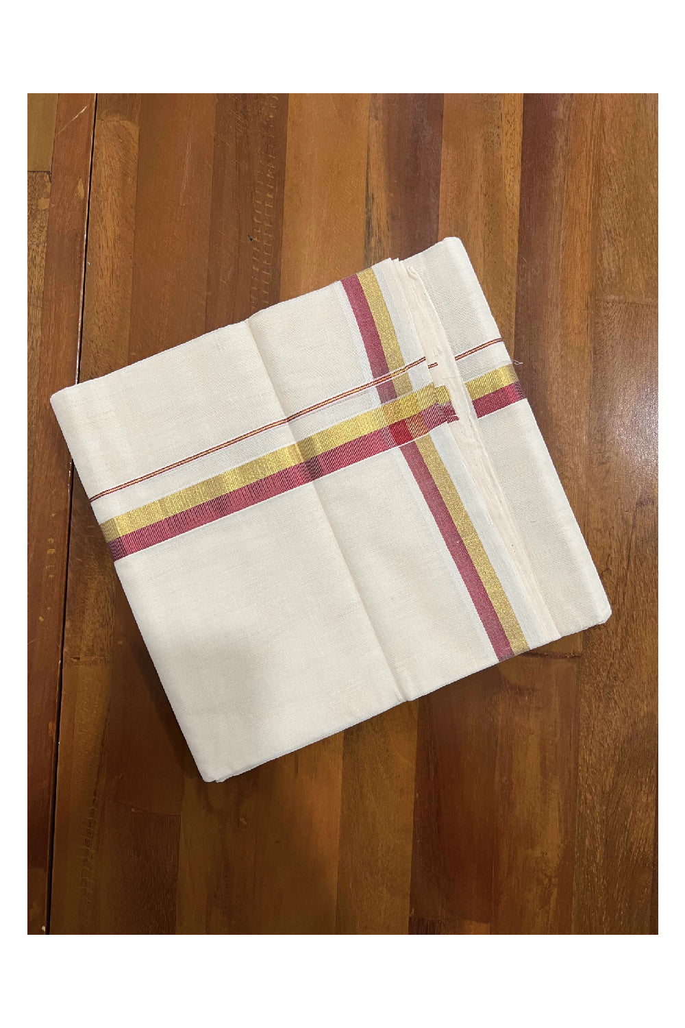 Southloom Kuthampully Pure Cotton Handloom Mundu with Golden and Red Kasavu Border