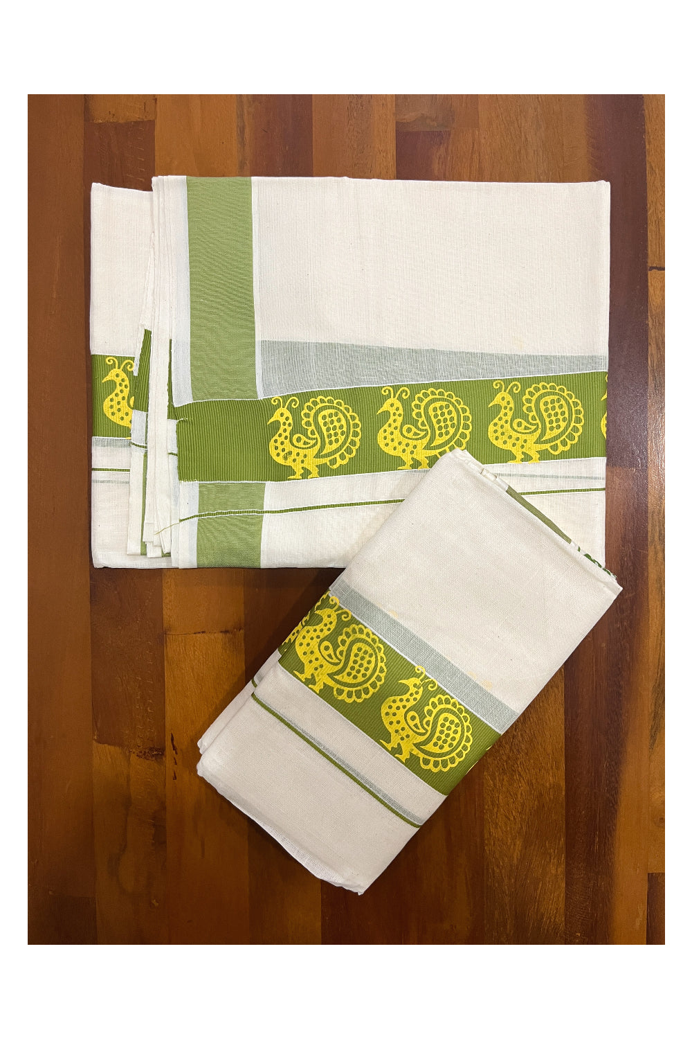 Pure Cotton Single Set Mundu (Mundum Neriyathum Vishu 2023) with Block Prints on Green Border