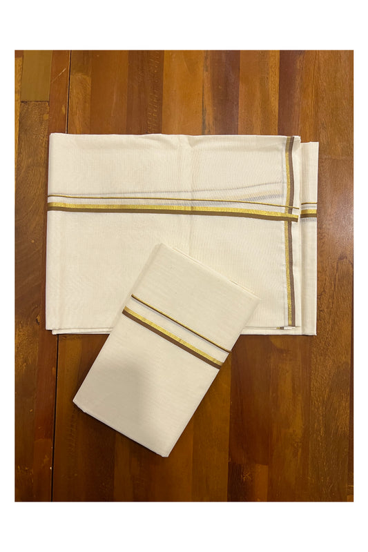 Kerala Cotton Puliyilakkara Set Mundu (Mundum Neriyathum) with 0.5 inch Kasavu and Light Brown Border 2.80 Mtrs