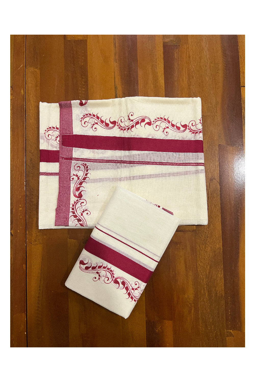 Pure Cotton Set Mundu (Mundum Neriyathum) with Maroon Block Prints on Border