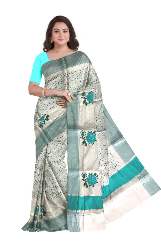 Silver Tissue Kasavu Saree with Turquoise Floral and Sequins Decorative Work