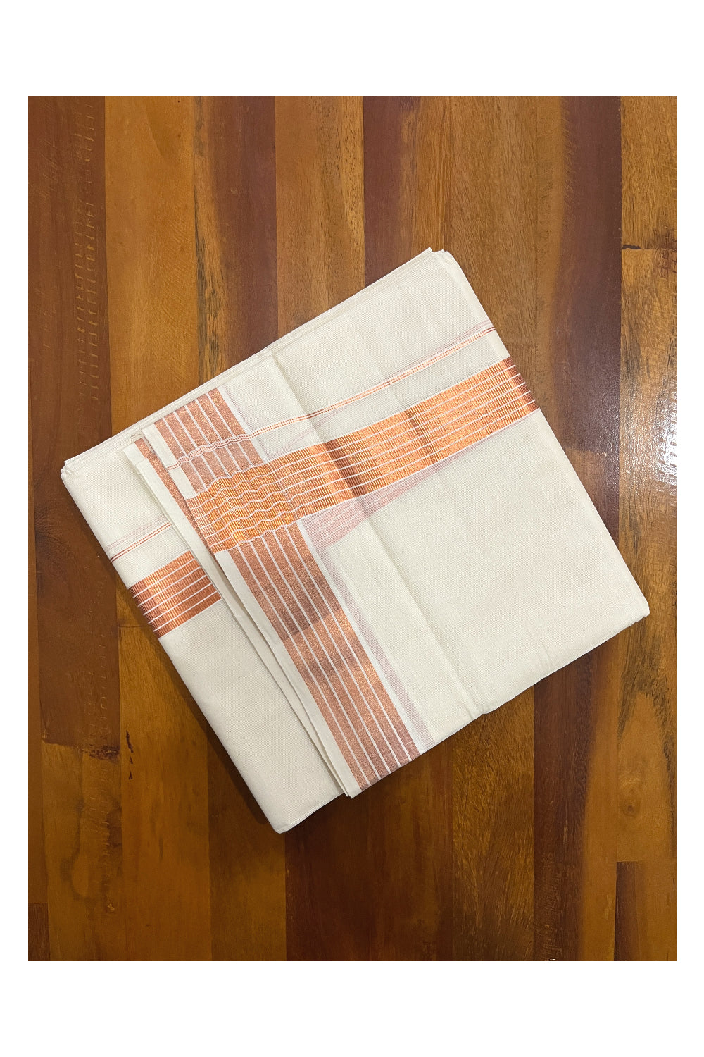 Off White Pure Cotton Double Mundu with Copper Kasavu Kara (South Indian Dhoti)