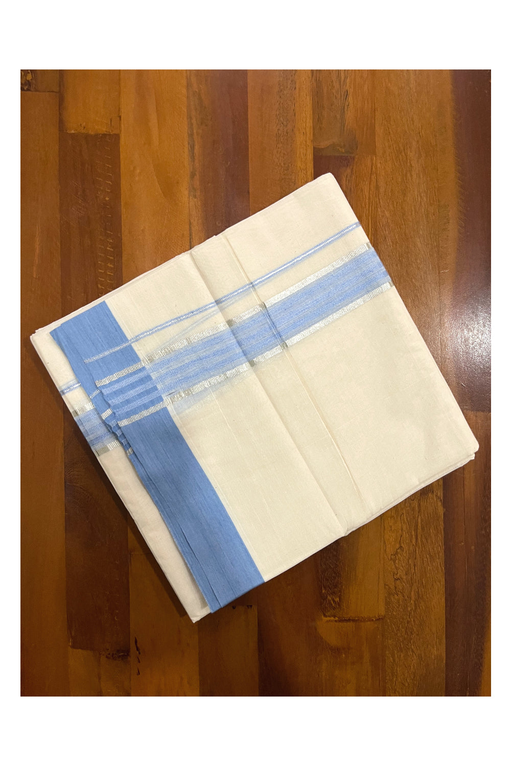 Pure Cotton Off White Double Mundu with Silver Kasavu and Blue Border (South Indian Dhoti)