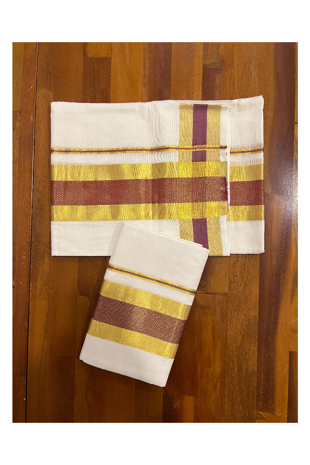 Southloom Premium Handloom Set Mundu with Kasavu and Dark Red Border 2.80 Mtrs