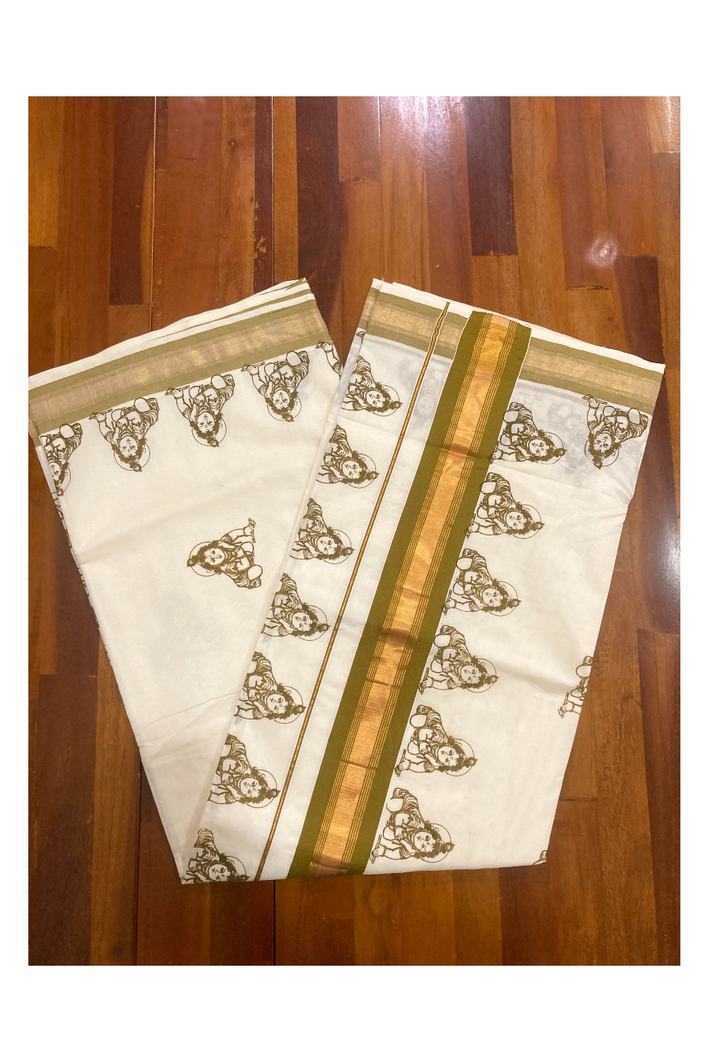 Pure Cotton Kerala Saree with Brown Krishna Block Printed Design and Kasavu Border