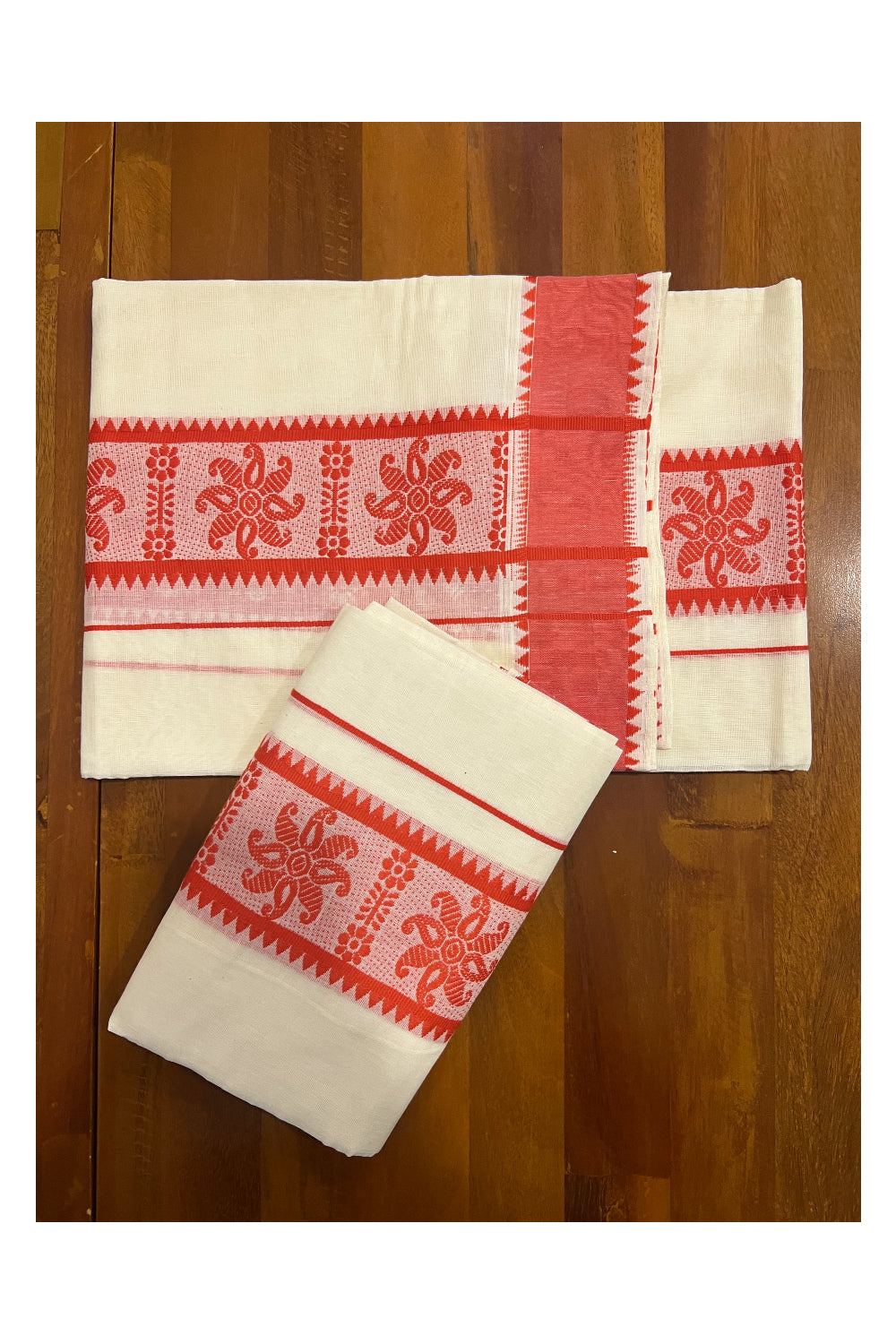 Kerala Cotton Mundum Neriyathum Single (Set Mundu) with Orange Floral Temple Woven Border 2.80 Mtrs