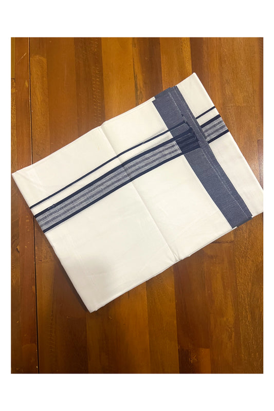 Pure White Cotton Double Mundu with Navy Blue Border (South Indian Dhoti)