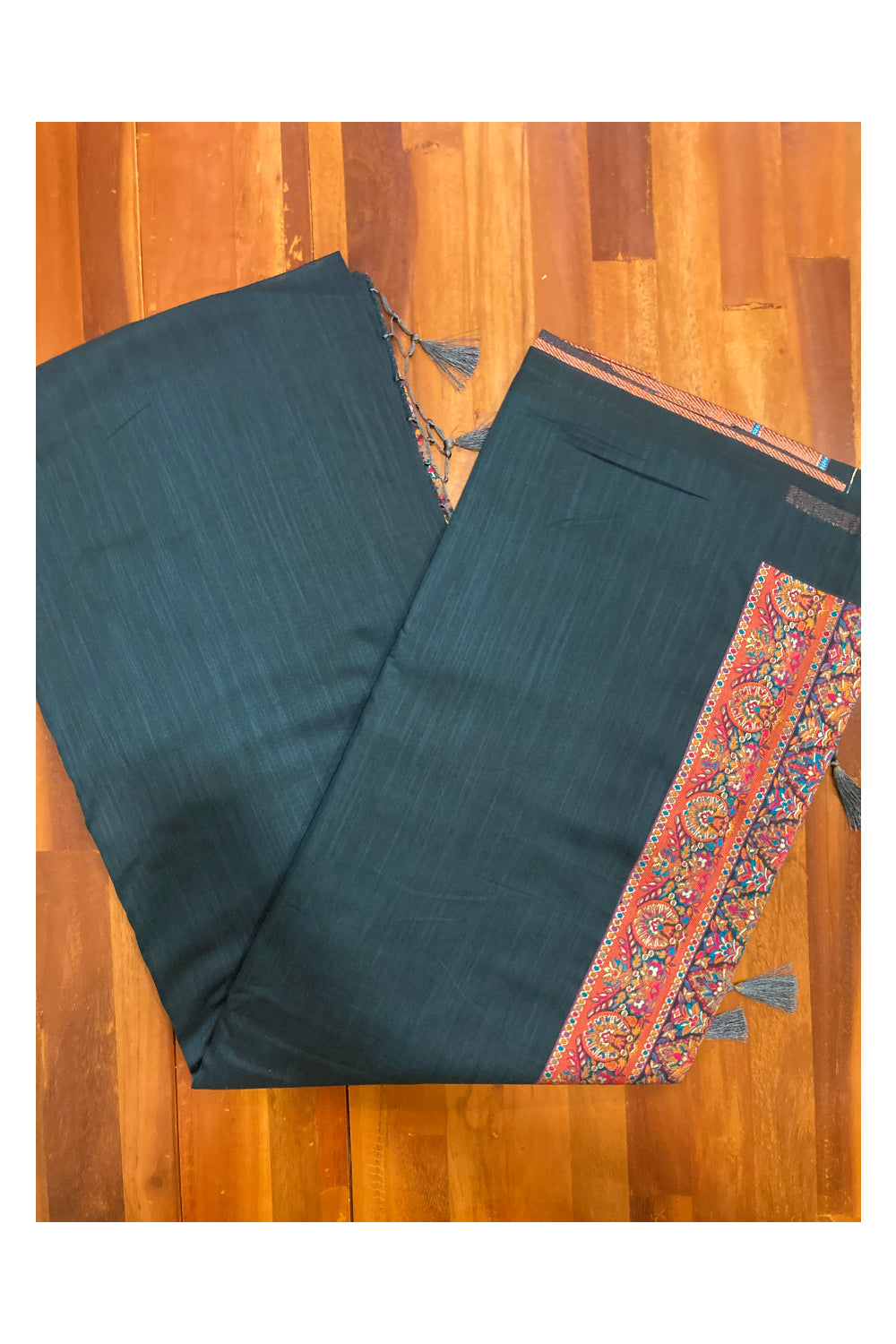 Southloom Dark Teal Blue Cotton Saree with Multicoloured Designer Pallu