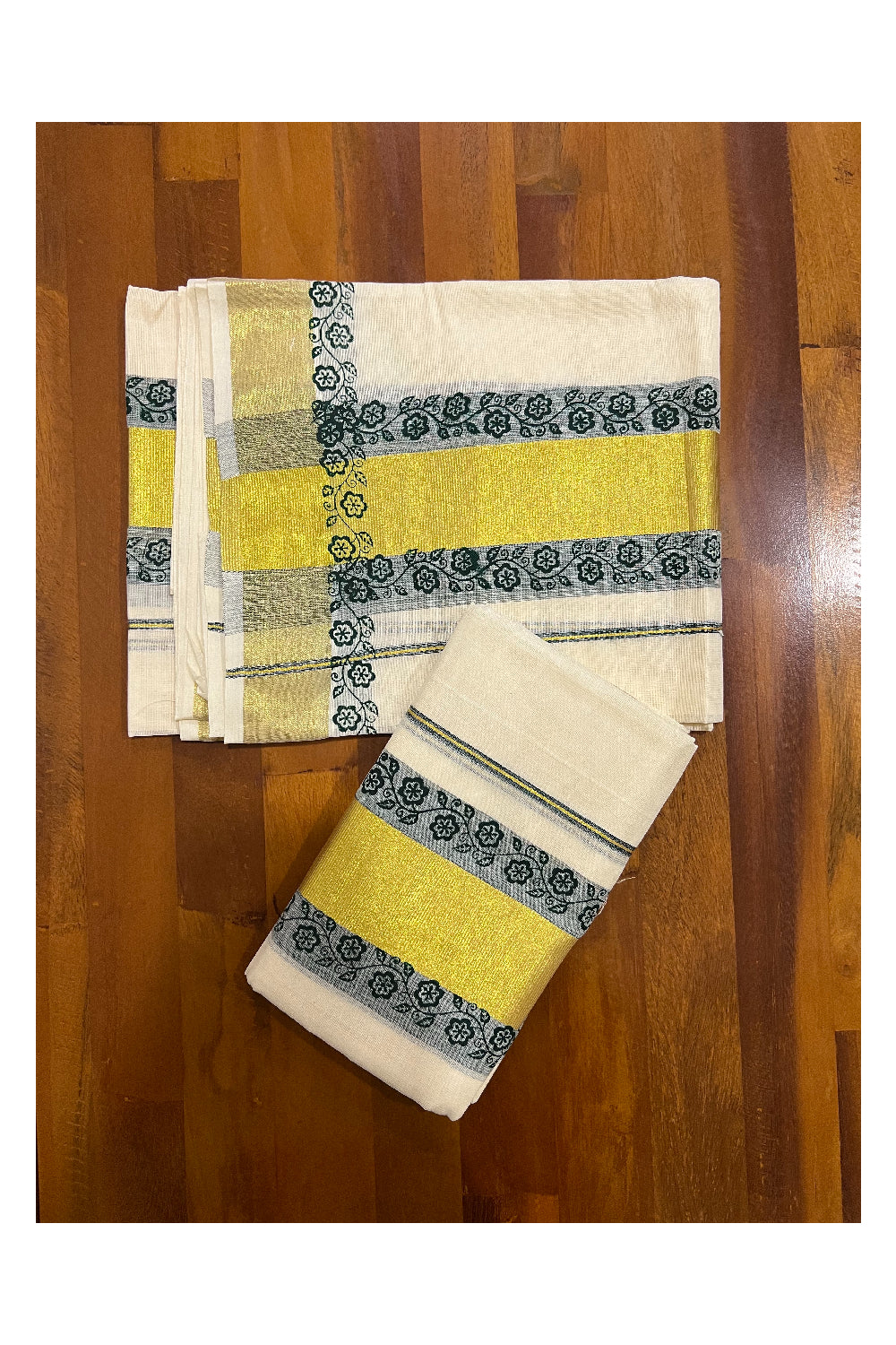 Pure Cotton Kasavu Set Mundu (Mundum Neriyathum) with Dark Green Floral Block Prints on Border